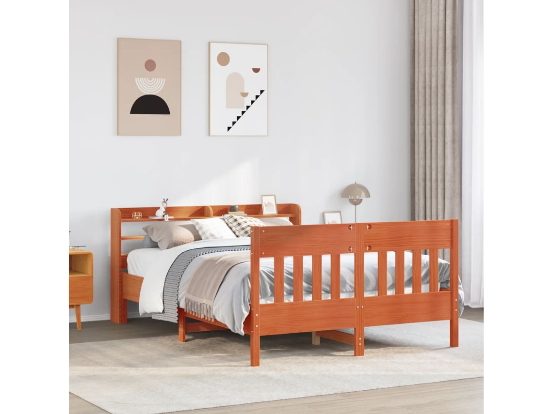 Cama Sin Colchón Madera Maciza De Pino Marrón Cera 140x190 Cm