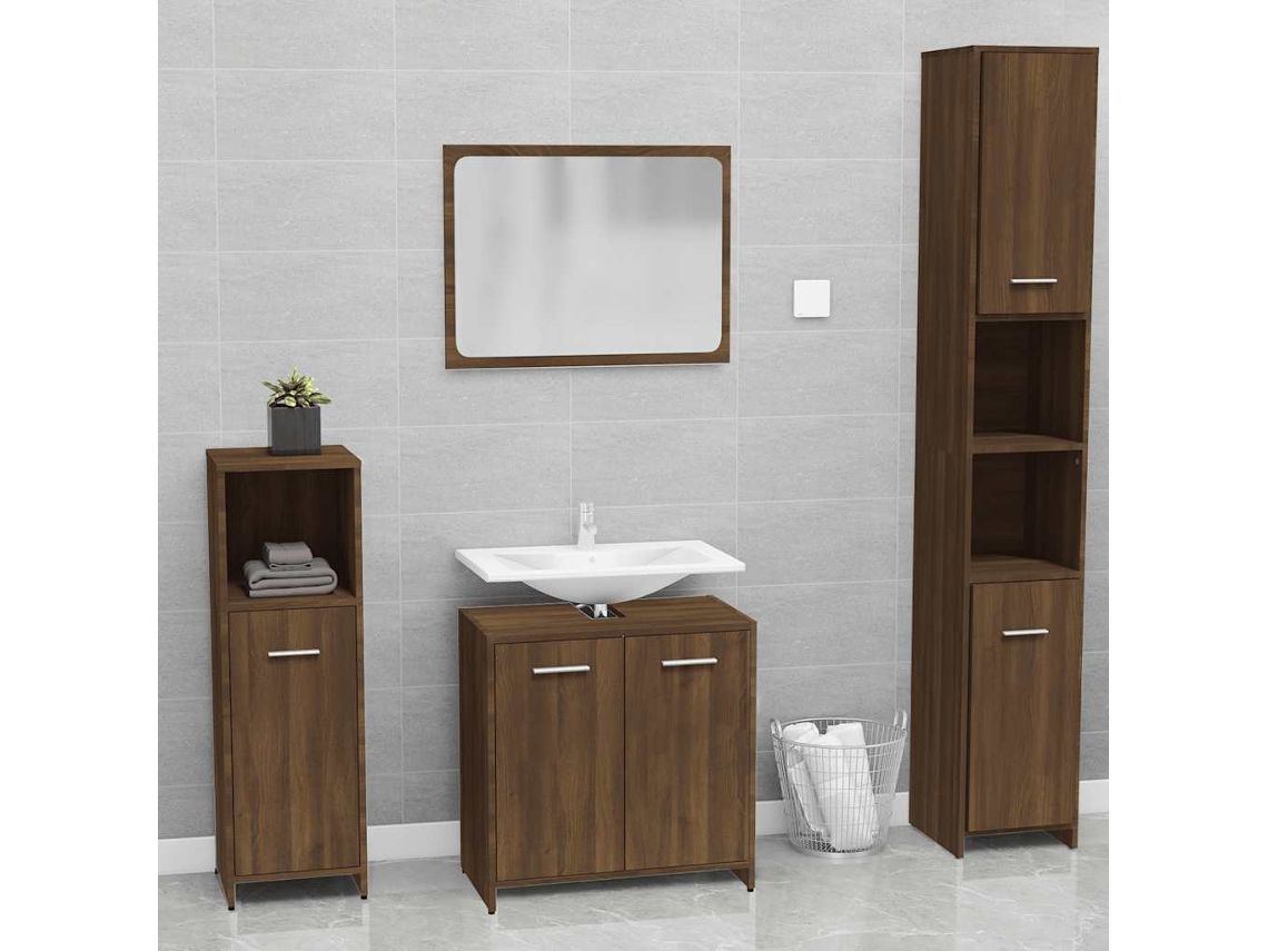 Conjunto de muebles de baño fabricado en madera de roble, color marrón.