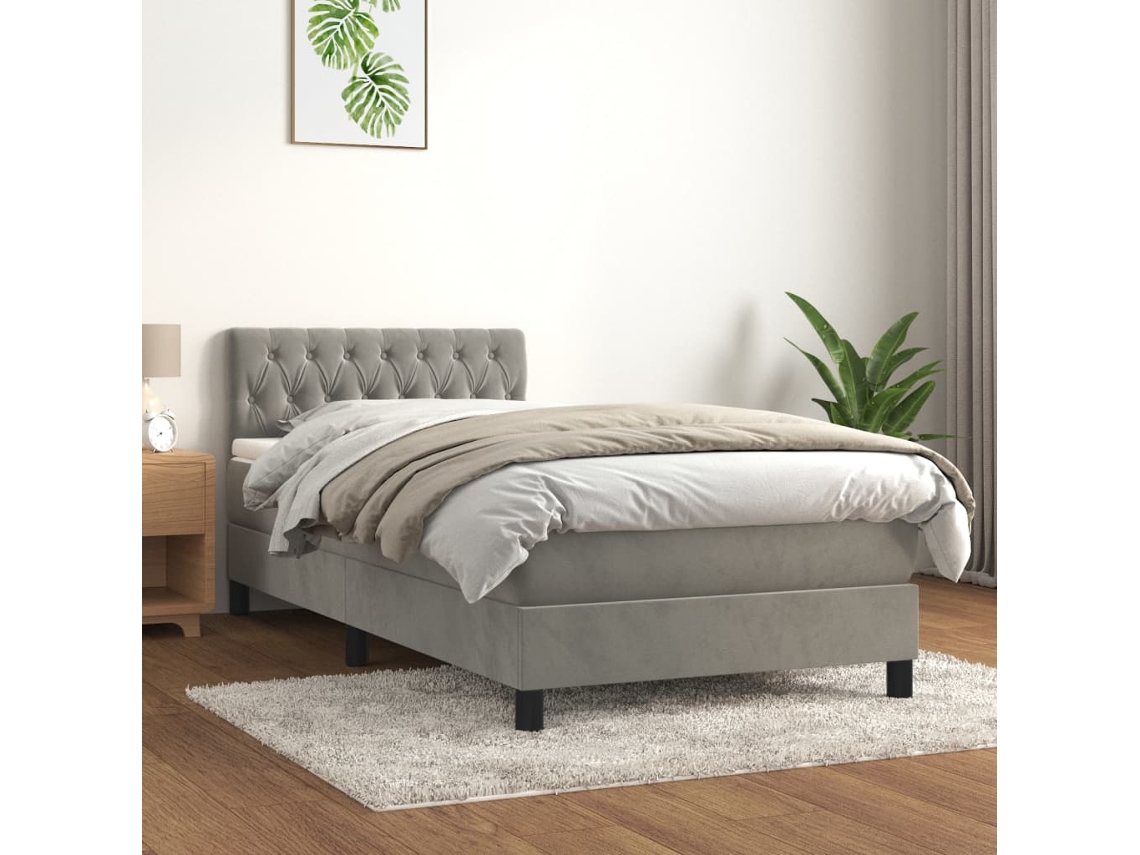 Cama Box Spring Con Colchón Terciopelo Gris Claro 90x190 Cm