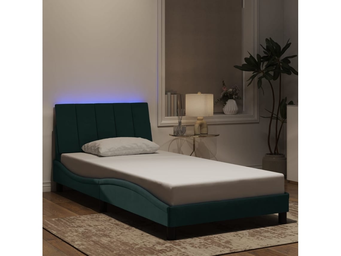 Estructura De Cama Luces Led Terciopelo Verde Oscuro 100x200 Cm