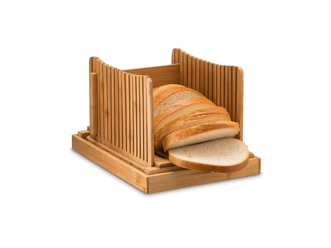 Cortador De Pan De Bambú Ajustable Con 3 Grosores, Plegable Y Con Bandeja Recogemigas.