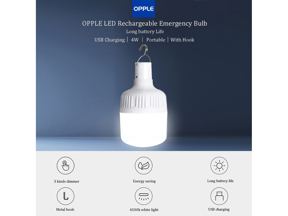 Bombilla Led Recargable Opple De 4w Y 6500k, Usb, 1800mah, Regulable, Para Uso En Emergencias Y Acampadas.