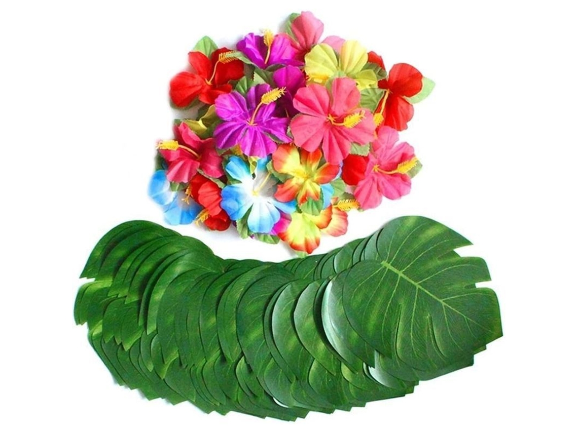 Hojas De Monstera Y Flores De Hibisco Tropical, Decoración Artificial Hawaiana (30 Hojas + 24 Flores)