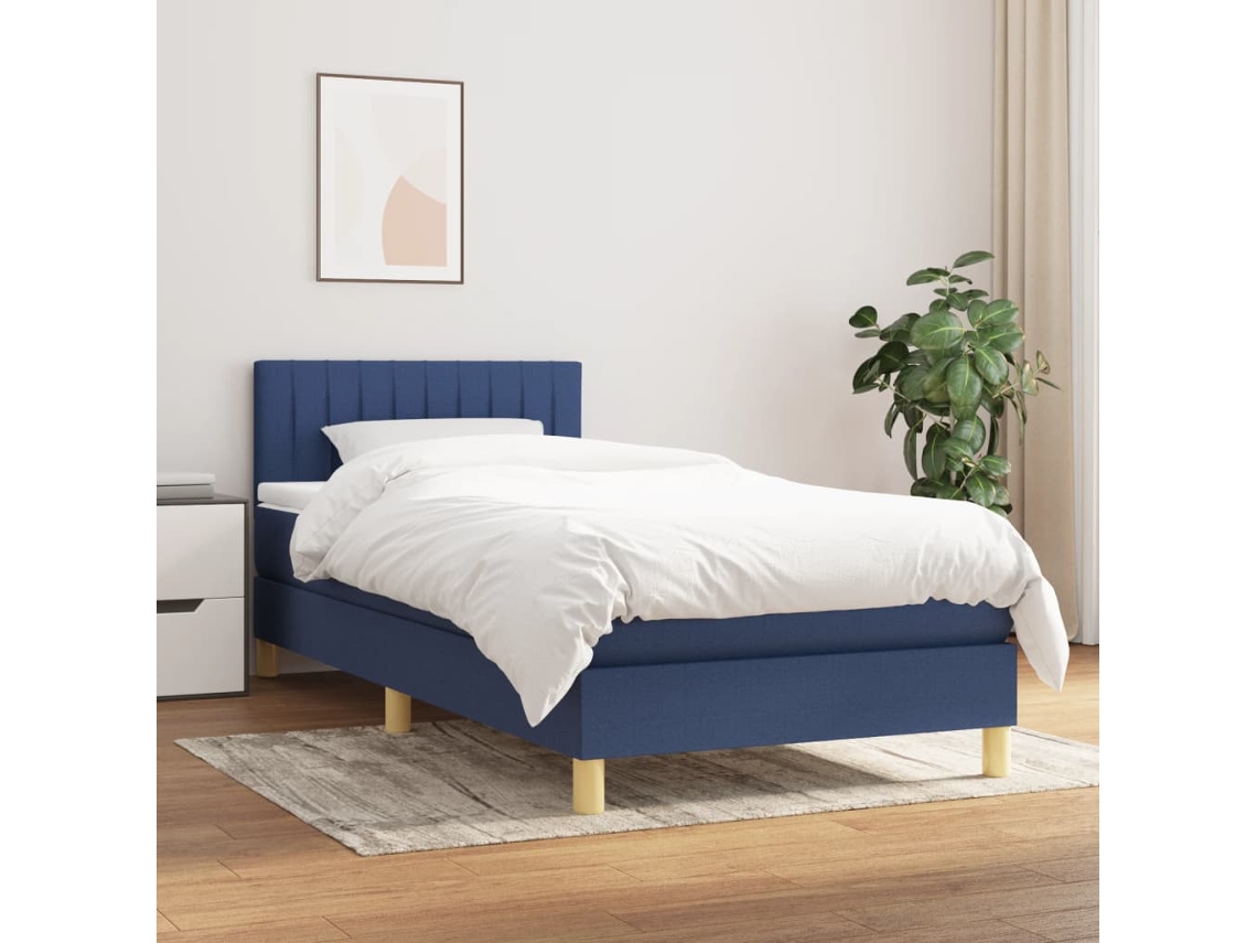 Cama Box Spring Con Colchón Tela Azul 90x190 Cm
