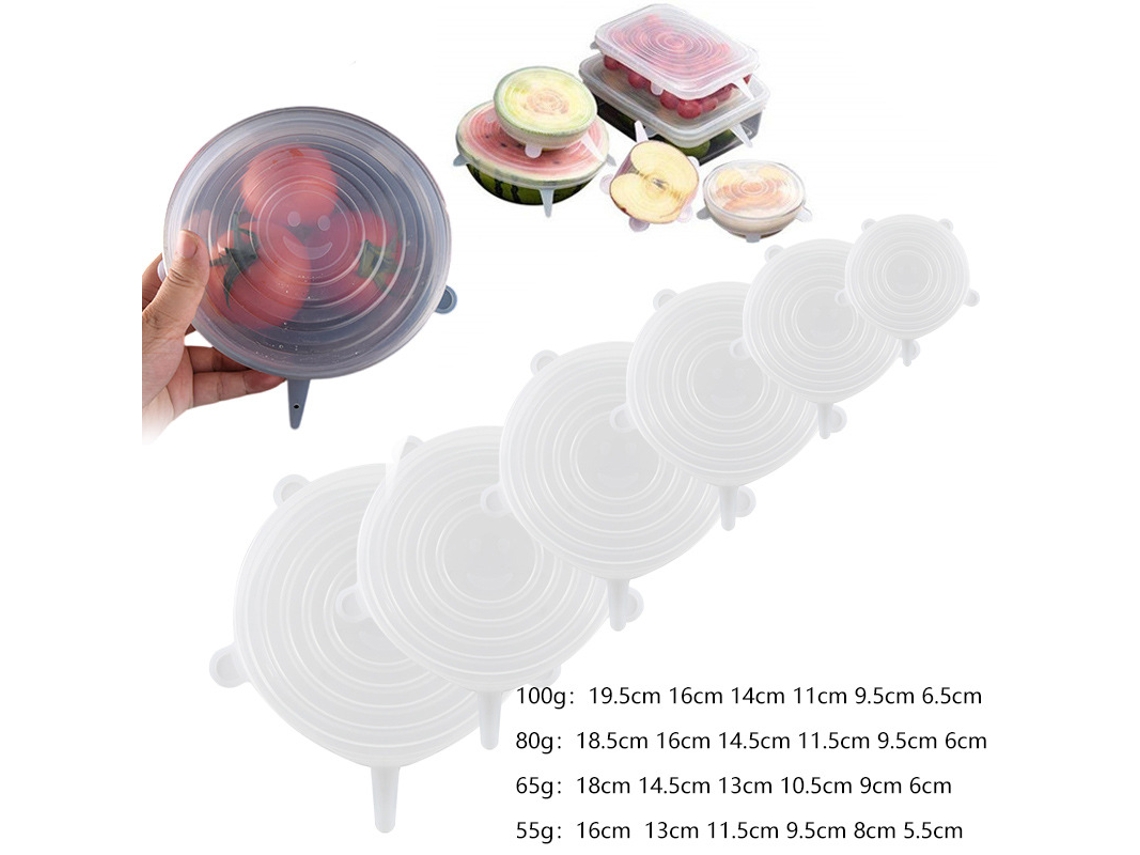 6 tapas elásticas de silicona reutilizables y de expansión permanente en diferentes tamaños*
