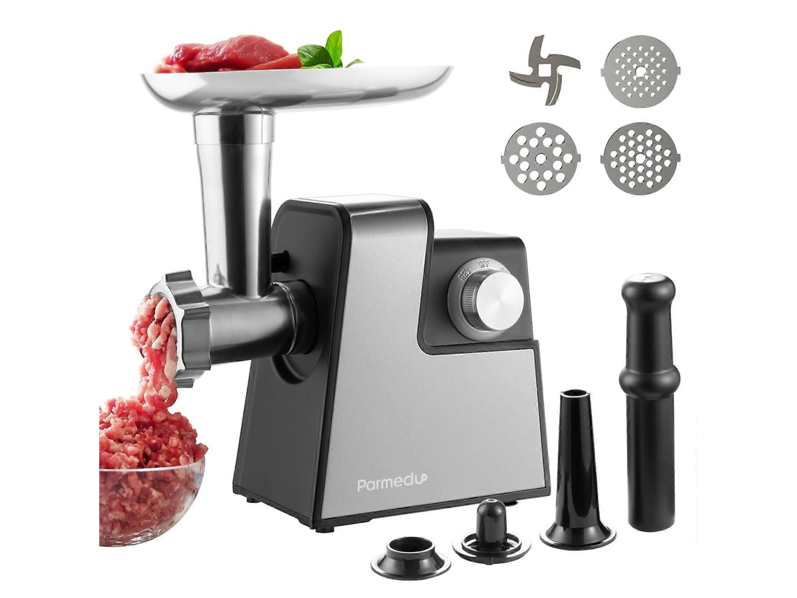 Picadora de carne eléctrica con embutidora de salchichas, picadora de acero inoxidable, 3 discos, motor potente para uso doméstico.