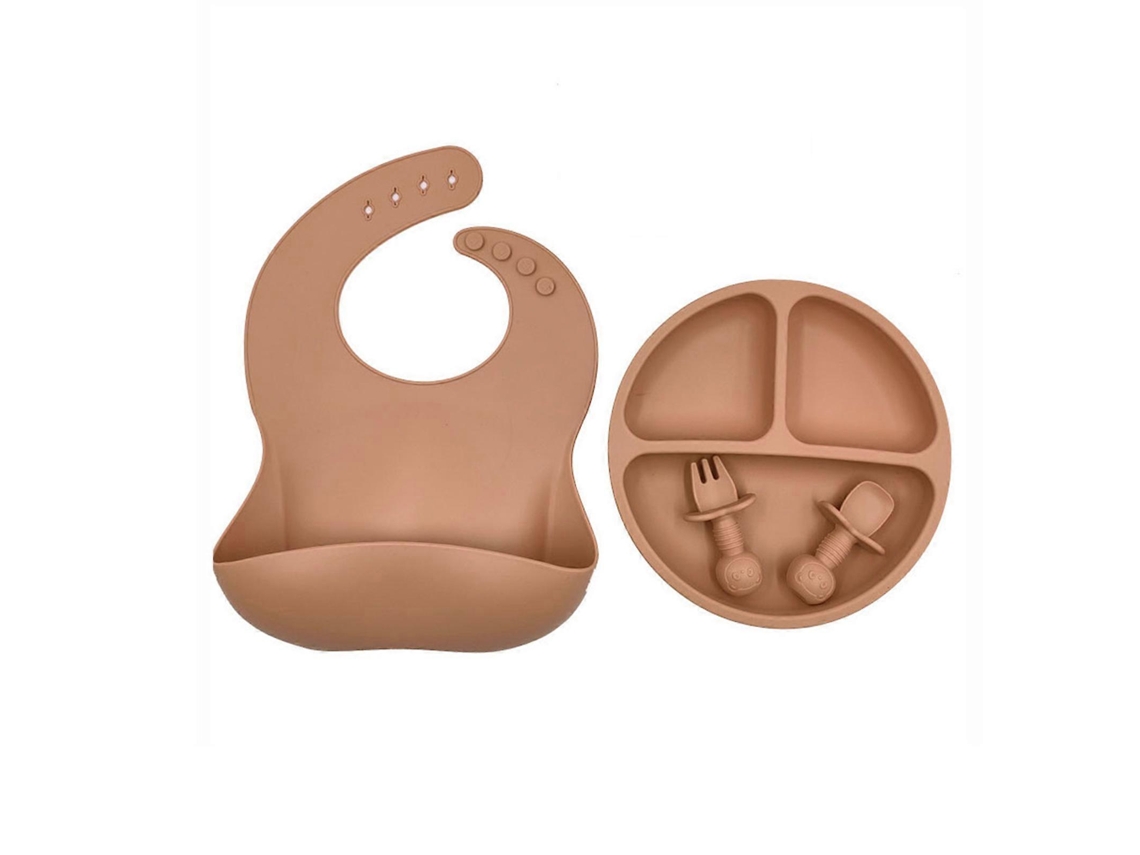 Juego de 4 baberos de silicona para bebé con compartimentos para plato, cuchara, tenedor y cubiertos, color naranja GIECY