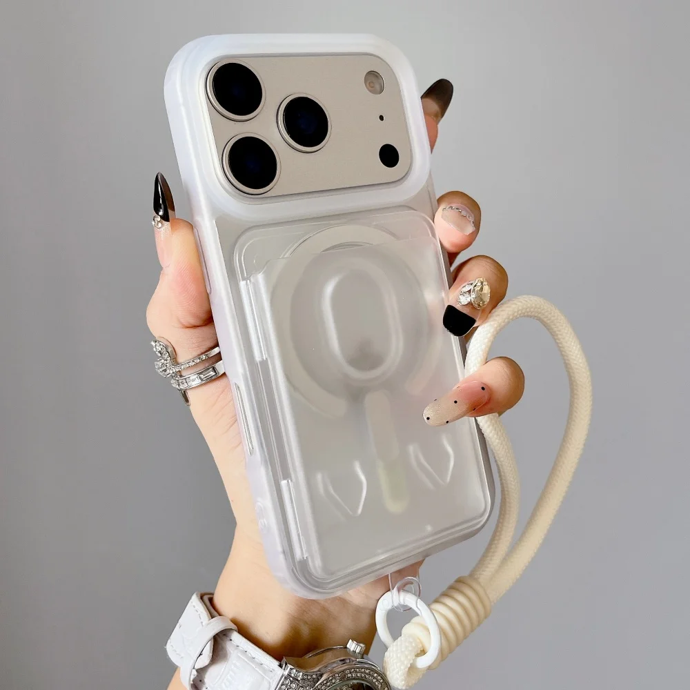 (iphone 15 Plus Blanco) Funda Magnética Para Teléfono Con Tarjeta Y Cordón De Cobertura Total