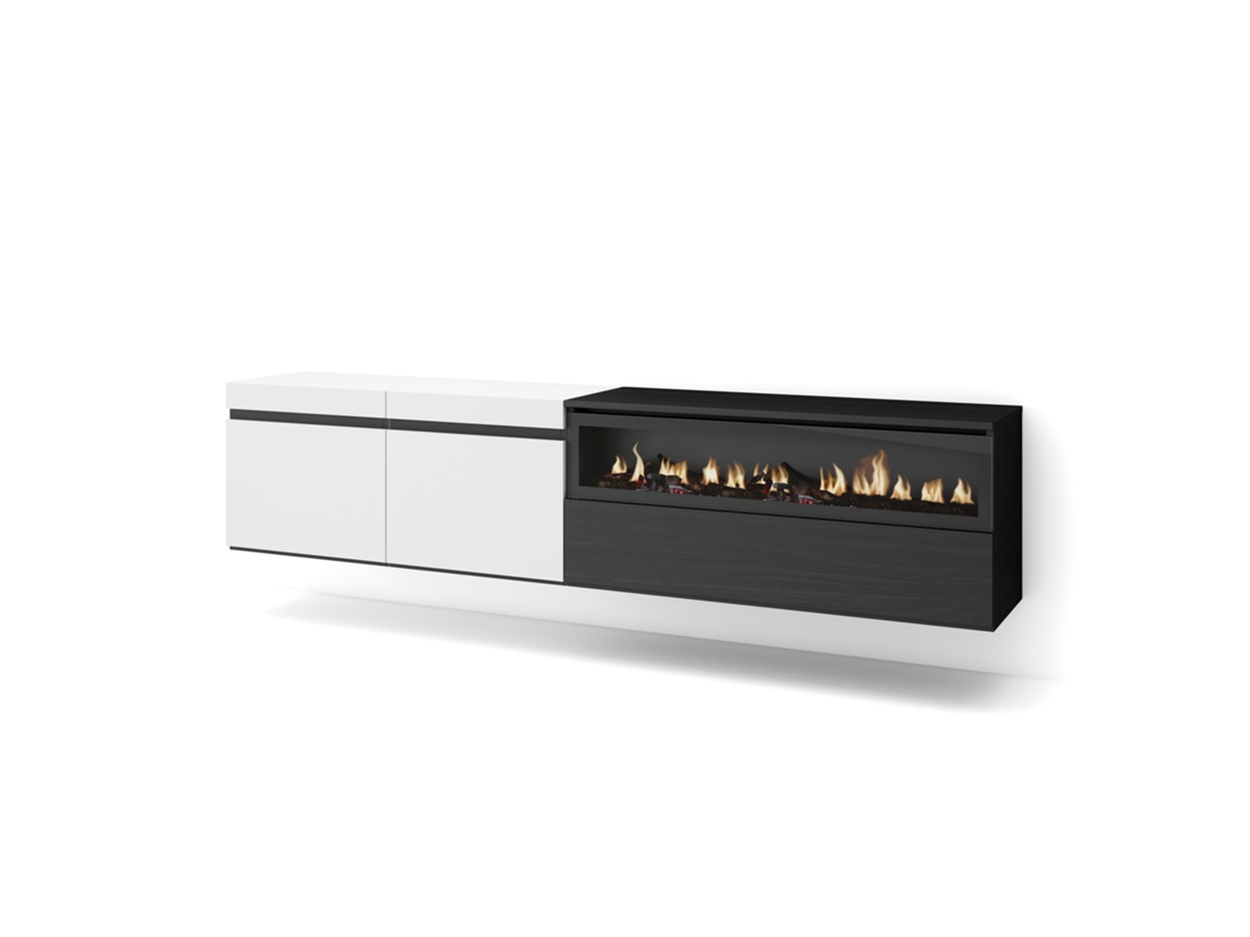 Mueble TV Televisión 200x45x35cm Para TV hasta 80 Chimenea eléctrica Colgado Suspendido Blanco y negro