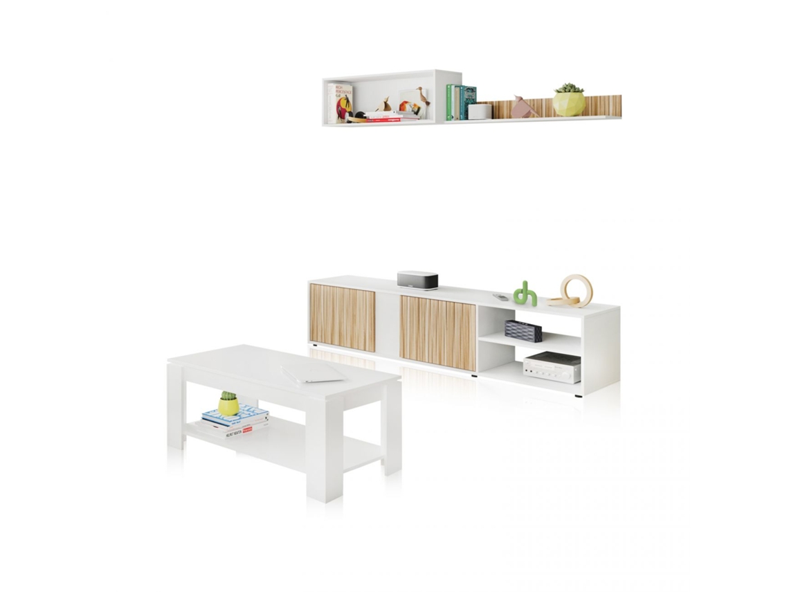 Pack salón con mesa de centro Alix Plus Blanco Artik (Blanco Mate) - Natur 180 x 40 x 33 cm