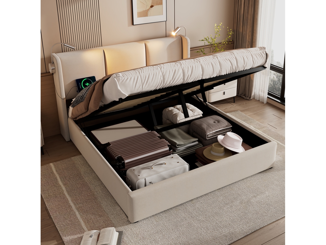 Cama Tapizada 140x200 Cm, Almacenamiento, Cabecero Led Con Usb, Lino, Somier Incluido, Colchón No Incluido.
