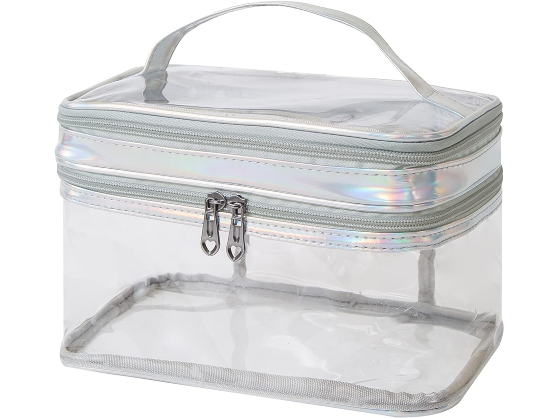 Neceser transparente, neceser de viaje, neceser impermeable de doble tapa Paraes, color plateado.