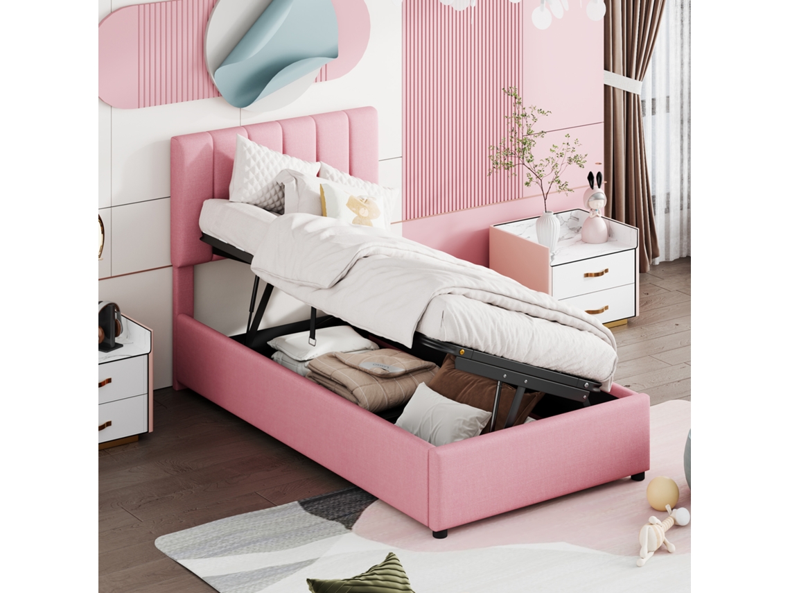 Cama Infantil Rosa De 90x200 Cm, Con Almacenamiento Hidráulico, Para Ropa De Cama, Cama Alta.