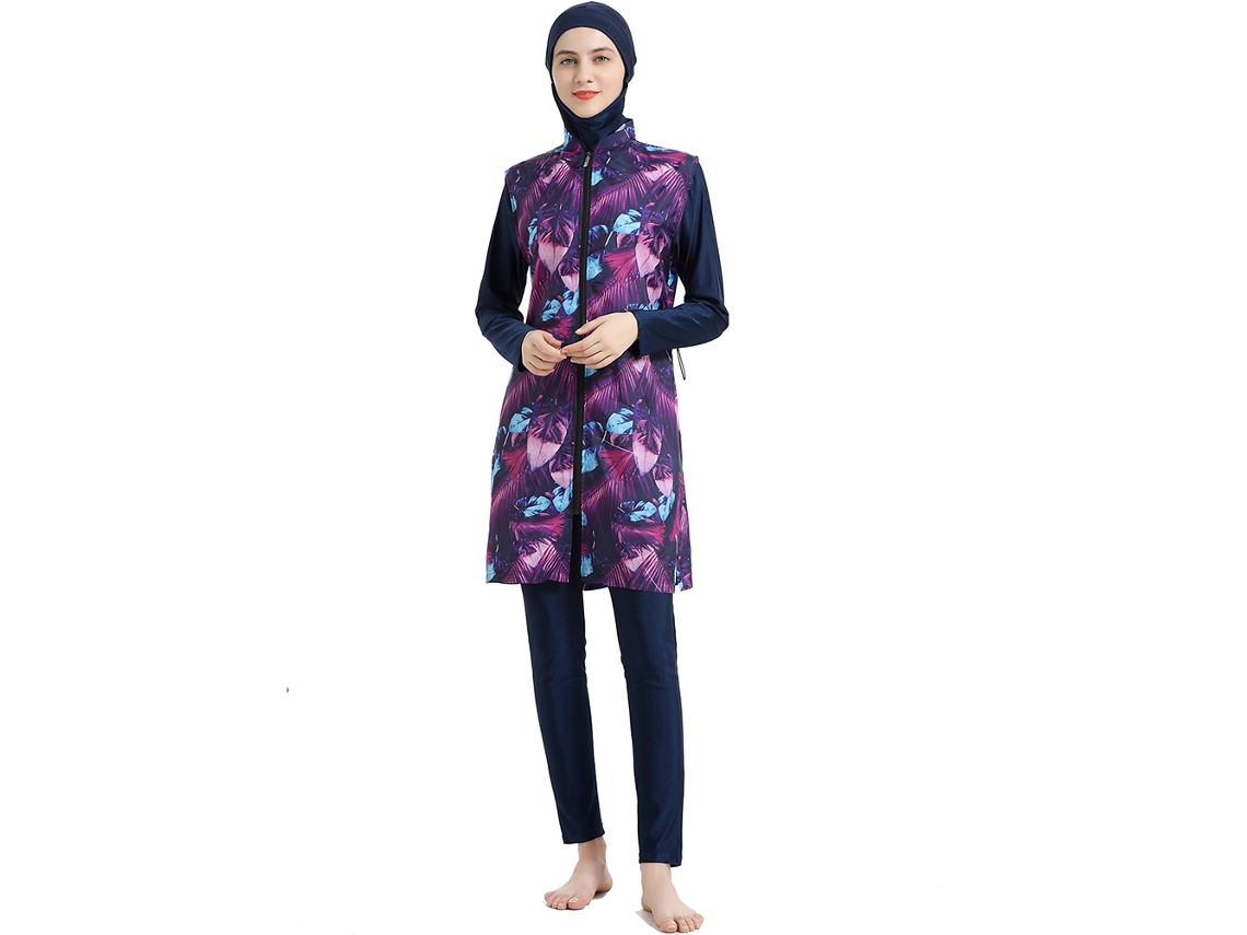 Traje de baño islámico de 3 piezas, manga larga, azul, 3XL, verano