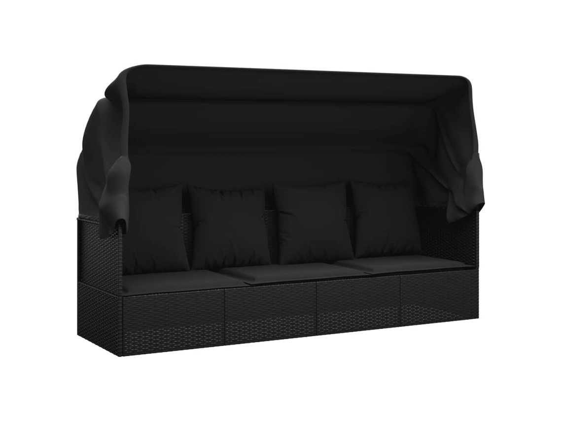 Sofá de exterior con toldo y cojines, mimbre, patas negras, EXCLUSIVO DE LA CASA