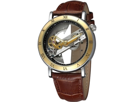 VEANXIN Reloj automático para hombre, esfera de esqueleto hueco transparente, relojes de acero inoxidable en tono plateado-Marrón dorado