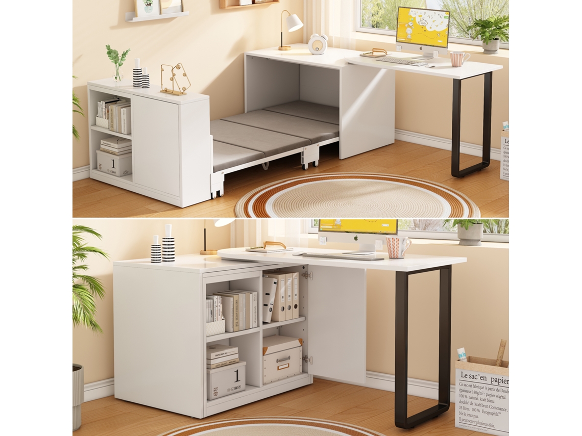 Escritorio 2 En 1 Con Cama Plegable, Estructura Metálica, Colchón Con Ruedas De 4 Cm, Armario Con Dos Compartimentos De Almacenamiento, Color Blanco