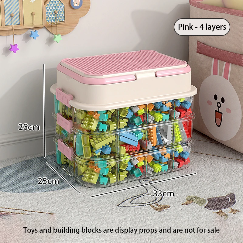 (rosa - 4 Capas) Caja De Almacenamiento, Caja De Almacenamiento De Bloques De Juguetes Para Niños Apilables Con Tapa.