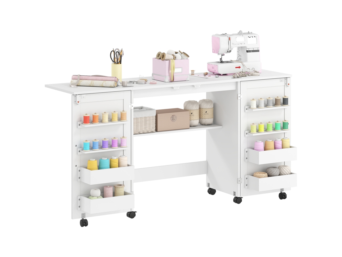 Mesa Plegable Para Máquina De Coser Con Estantes, 20 Clavijas, Ruedas Con Bloqueo, Color Blanco.