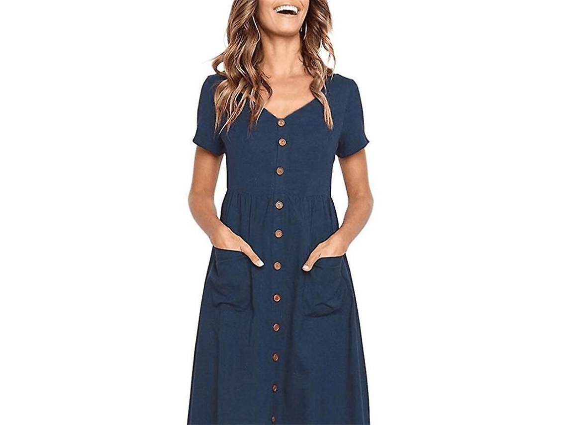 Vestido midi informal de verano para mujer, modelo 2026, con mangas cortas, escote en V, corte en A, botones y bolsillos.