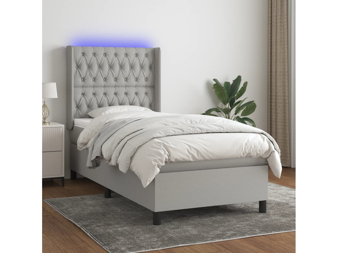 Cama Box Spring Colchón Y Luces Led Tela Gris Claro 90x190 Cm