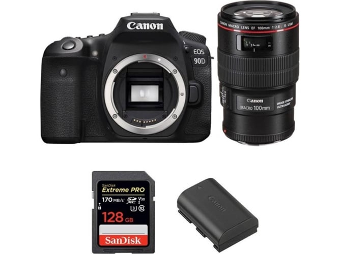 Kit Cámara CANON EOS 90D + EF 100mm f/2.8L Macro IS USM + SanDisk 128 GB + Batería (APS-C)