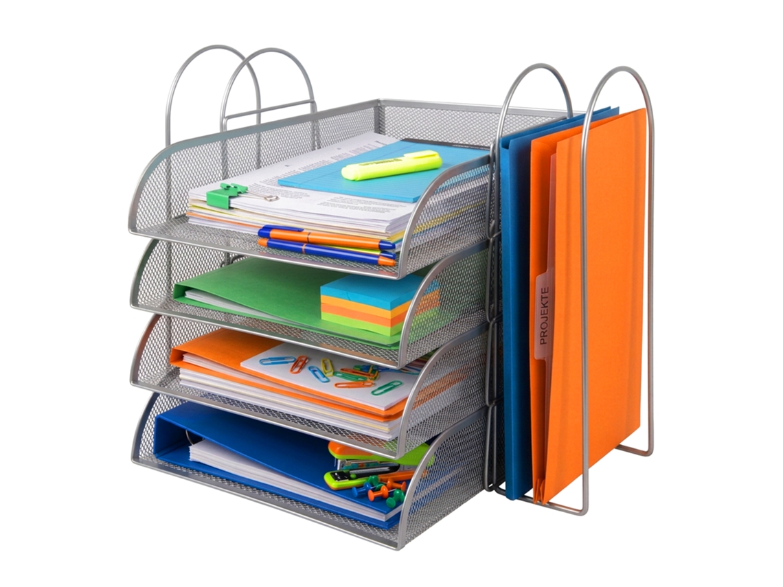 Relaxdays Bandeja Documentos De Metal A4, 4 Niveles, 2 Revisteros, 33 X 40,5 X 33,5 Cm, Organizador, Plateado