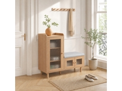 Zapatero natural YCONE de 100x35x90 cm con banco acolchado y puertas de cristal.