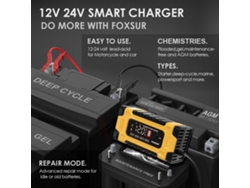 Cargador De Batería Foxsur De 12 V, 24 V Y 10 A Con Pantalla De Reparación Inteligente Para Coches Y Motos