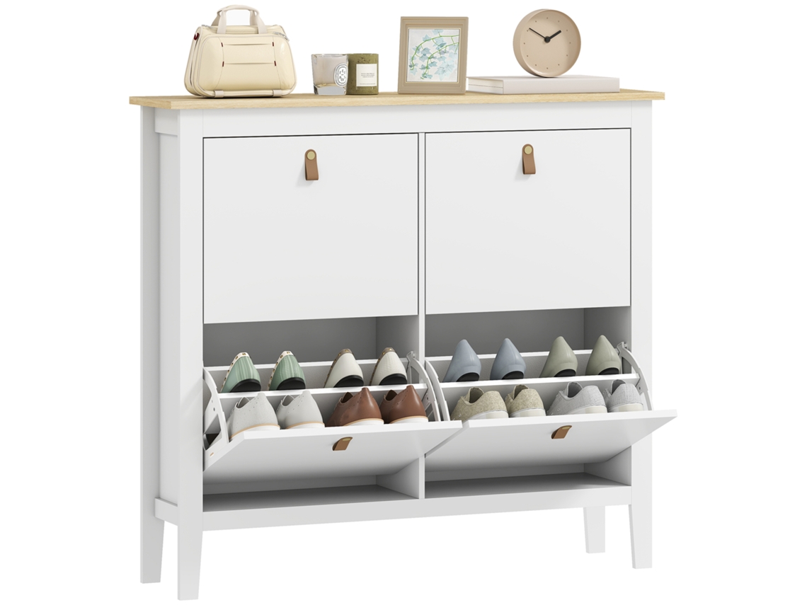 Zapatero con capacidad para 20 pares, con 4 cajones, puertas abatibles, estantes extraíbles y ajustables, color blanco.