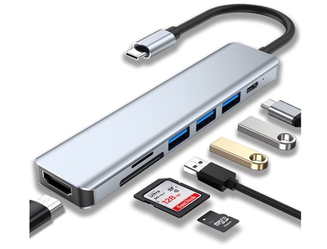 Concentrador USB C, adaptador USB C 7 en 1, estación de acoplamiento USB C con 4K HDMI USB 3.0 100W PD y lector de tarjetas SD/TF, gris BISBISOUS