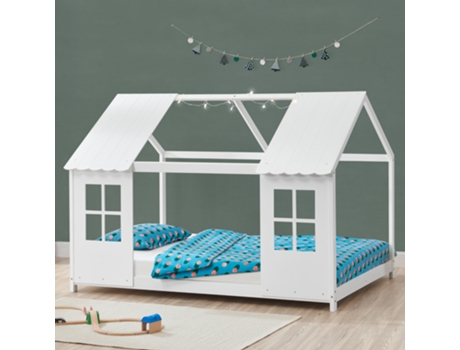 Cama para niños Tostedt en forma de casa con ventanas pino 140 x 200 cm - Blanco [EN.CASA]