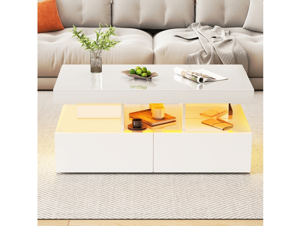 Mesa De Centro Blanca Brillante Con Led Multicolor 2 Cajones Y Enchufes Eu