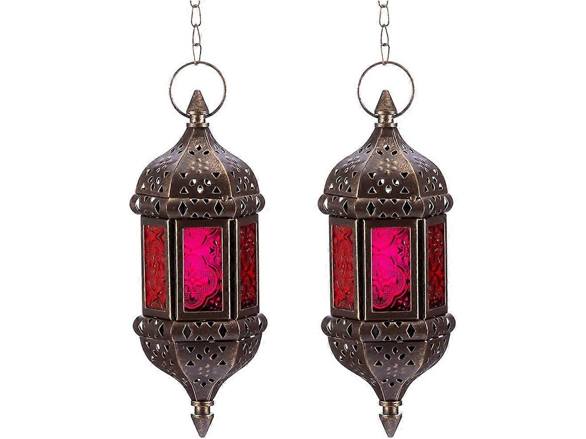 Omni-2 Portavasos De Vela Hexagonales Colgantes Estilo Moroccano De Hierro Bronce Con Cristal Rojo Y Púrpura