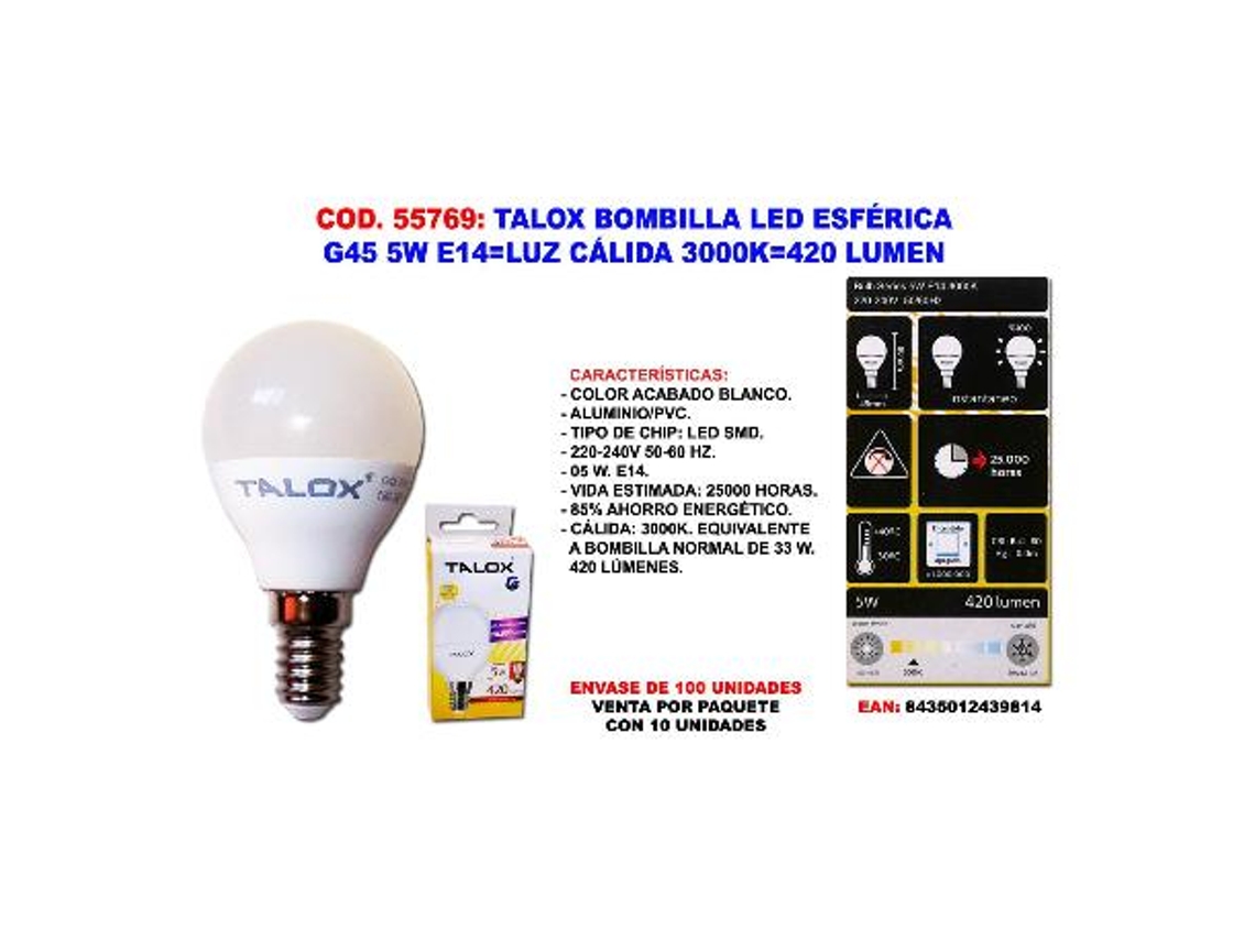 Talox bombilla led esferica g45 5w e14 l.calida 3000k 420 lumen (caja 10 unidades)