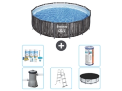 Piscina BESTWAY Round Steel Pro MAX - Impresión en madera - 427 x 107 cm - Incluye bomba - Escalera - Cobertor Paquete de mantenimiento - Filtrar