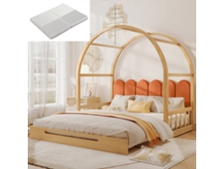 Cama Abatible Infantil 140x100/200cm, Techo Abovedado, Con Colchón, Madera De Pino, Seguridad 100kg, Naranja Natural
