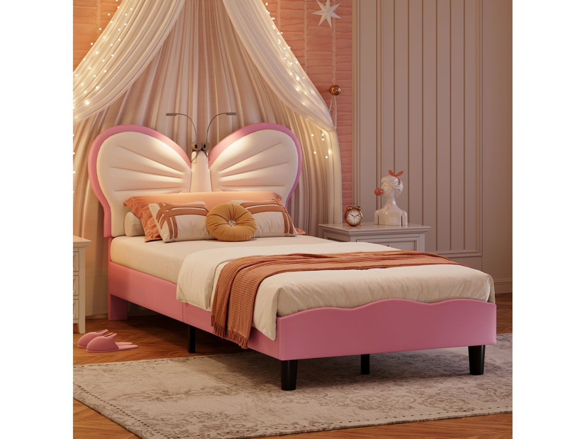Cama Infantil De 90x200 Cm, Cama Individual Led Para Niñas, Cama Juvenil Tapizada Con Cabecero Ajustable, Sin Colchón, Rosa.