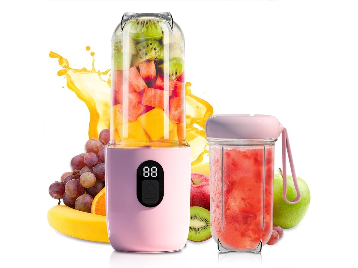 Batidora Portátil Rosa 500ml 16 Cuchillas Display Digital Recargable Para Viaje