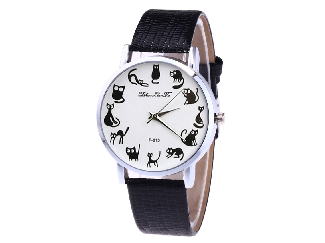Reloj De Pulsera Unisex De Cuarzo Con Correa De Piel Sintética Negra Con Estampado Animal.