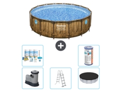 Piscina BESTWAY Round Power Steel Swim Vista - Impresión en madera - 488 x 122 - Incluye bomba - Escalera - Cubierta Accesorios CB29