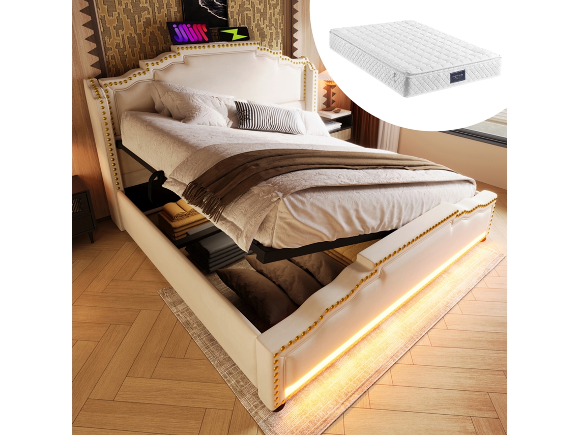 Cama Doble De 140x200 Cm Con Sistema Hidráulico, Iluminación Led, Conexión Usb-c Y Colchón De Terciopelo Beige Incluido.