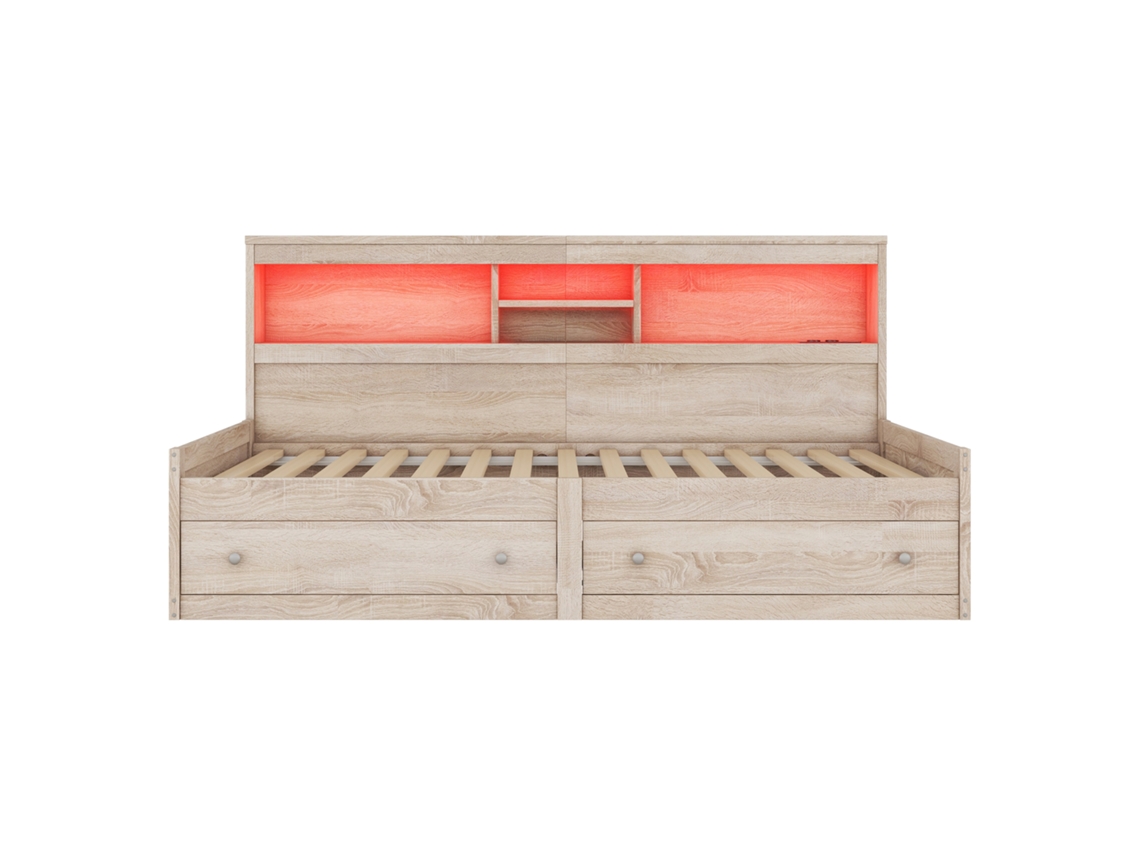 Sofá cama 90x200 cm - Con toma USB y 2 cajones - Somier de láminas - Natural