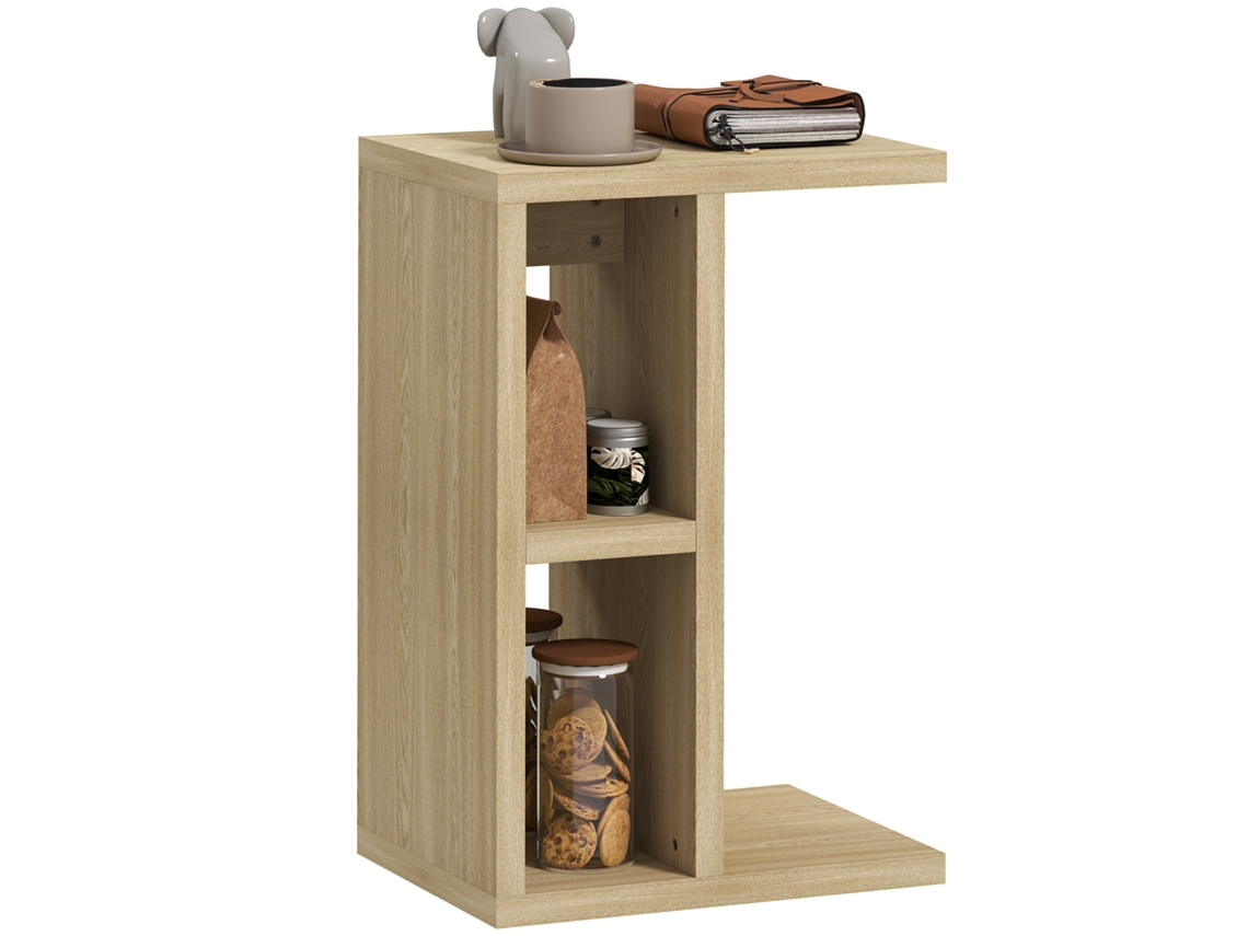 Mesa Auxiliar De Tres Niveles En Forma De C Con Dos Compartimentos Abiertos, 40 X 29,8 X 60 Cm, Roble.