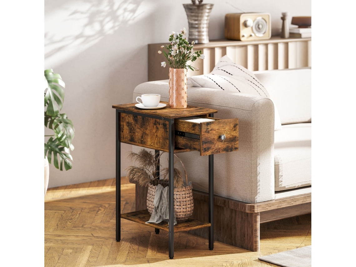 Elegante mesa auxiliar con compartimento abierto y cajón, mesita de noche, patas de metal, madera marrón (no aplicable)