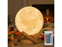 Lámpara de Luna 3D con 16 Colores, 12 cm, Recargable y con Intensidad Ajustable, Control Remoto y Base de Madera