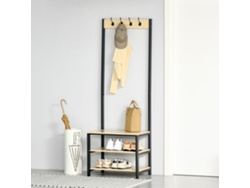 Cabideiro de Metal com Espaço para Sapatos, 3 Prateleiras, 4 Ganchos, 60x40x175cm, Preto e Natural PMM CAPITALI