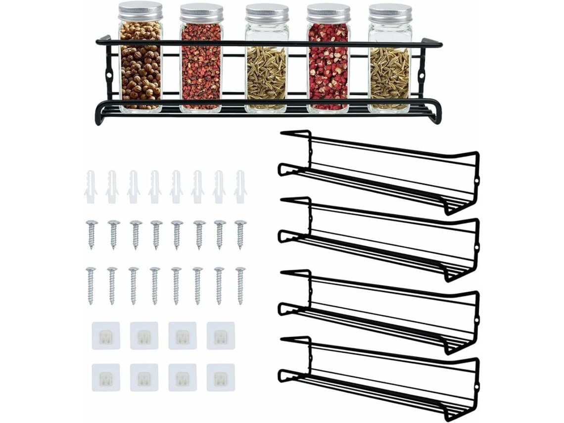 RNEMITERY Organizador de especias de metal duradero, multiusos para cocina y baño, ahorra espacio con diseño decorativo, juego de 4, instalación sin taladros.