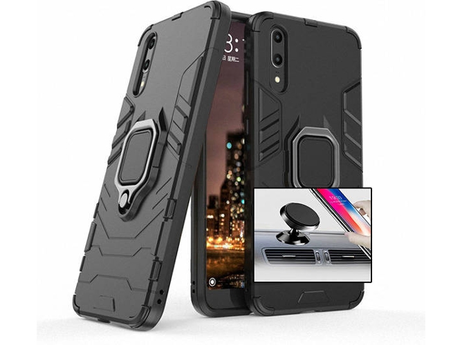 Kit Carcasa y Soporte Magnetico Auto Huawei P20 Military Defender Negro