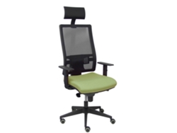 Silla de oficina Horna con mecanismo sincronizado, tapizada en tela verde oliva y malla negra.